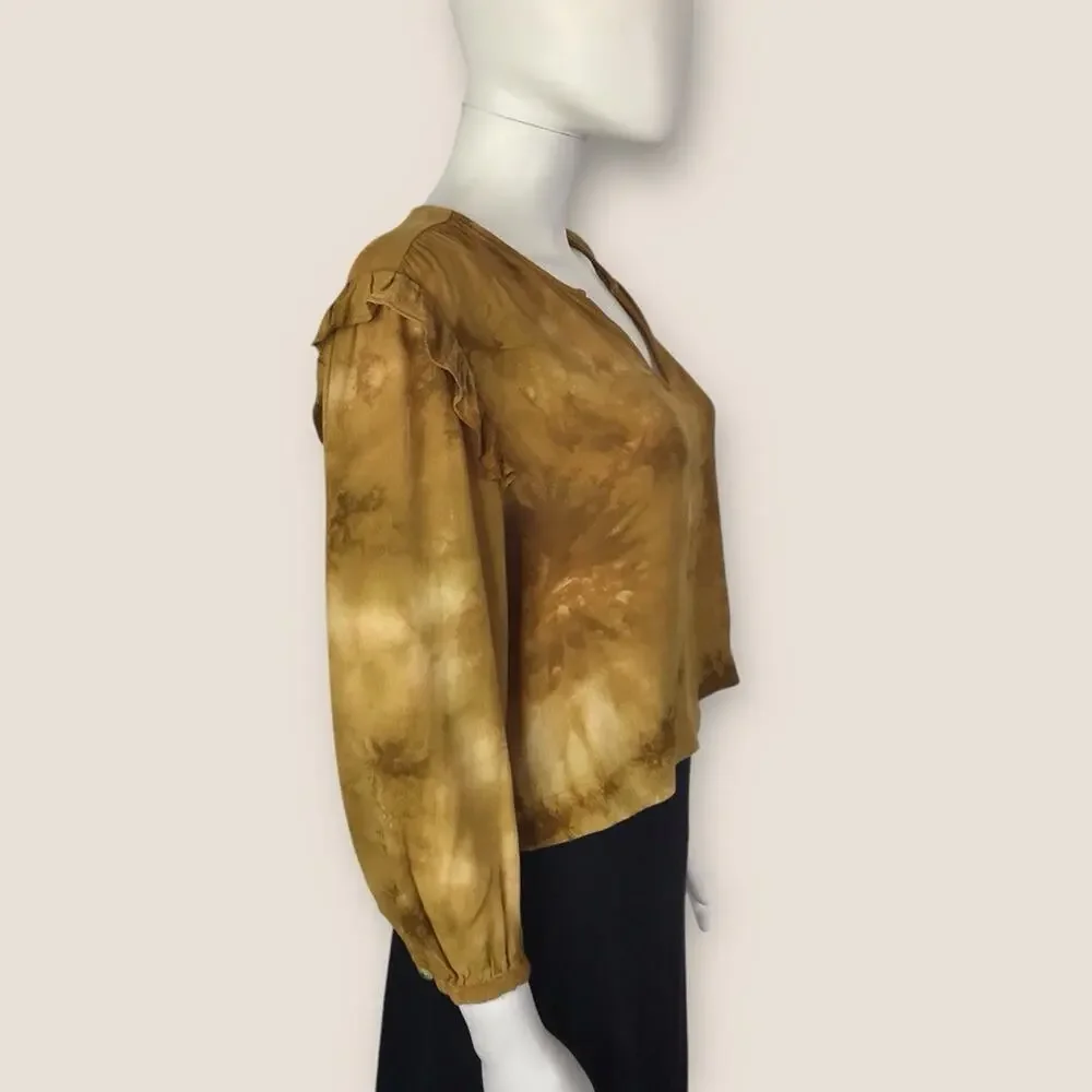 Madewell Tie-dyed Gold Blouse Puff Sleeve Ruffled Slightly Cropped Top